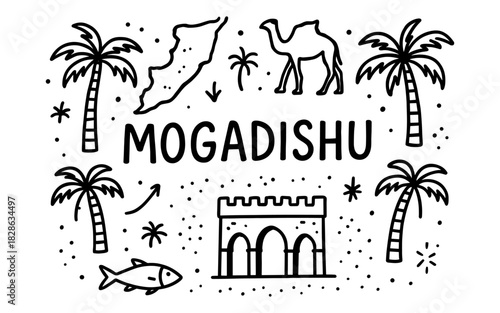Mogadishu travel icons: black and white doodle with palm trees and landmarks
