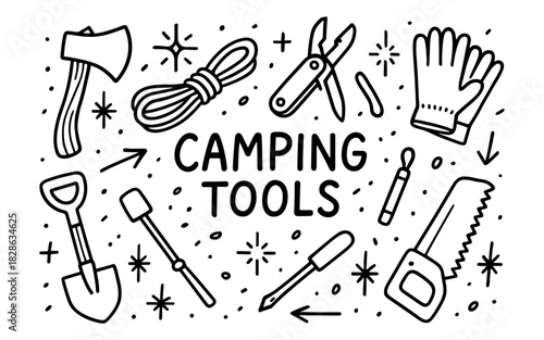 Line art camping equipment with outdoor tools featuring rope, axe, and gloves