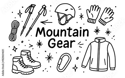 Mountain gear essentials doodle style for outdoor adventure enthusiasts