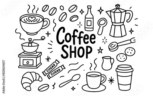 Hand drawn coffee shop doodles with iconic coffee elements and accessories