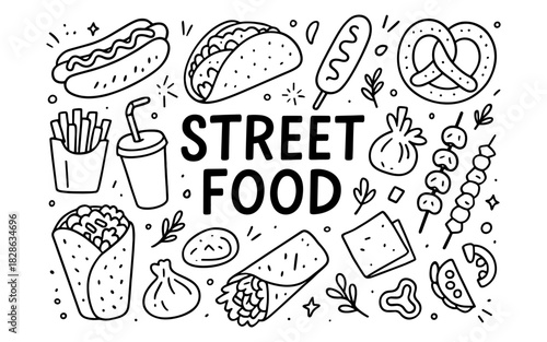 Hand drawn street food icons with various snacks and text