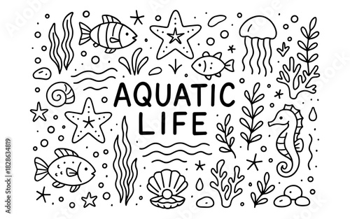 Aquatic life doodle art with sea creatures, plants, and waves