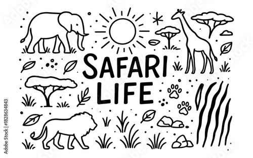 Safari life: black and white wildlife doodle with elephant, giraffe, and lion