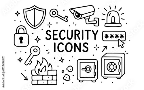 Security icon set with surveillance, lock, and safe elements in line art style