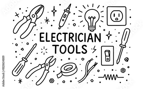 Electrician tools doodle: wiring essentials in fun linear style