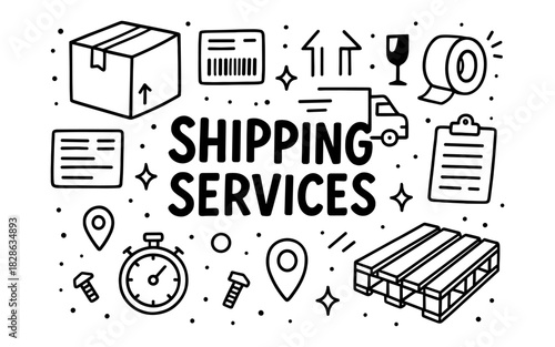 Hand-drawn shipping services icons with packaging elements