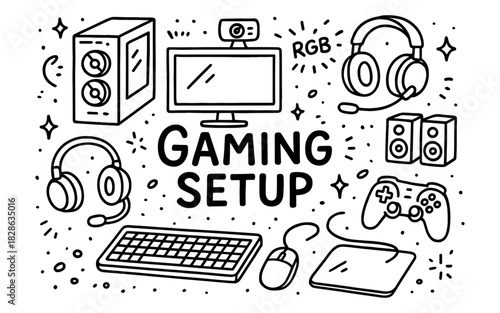 Gaming setup doodle with pc, monitor, and accessories in black and white