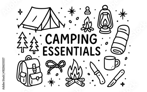 Camping essentials doodle featuring tent, lantern, and campfire