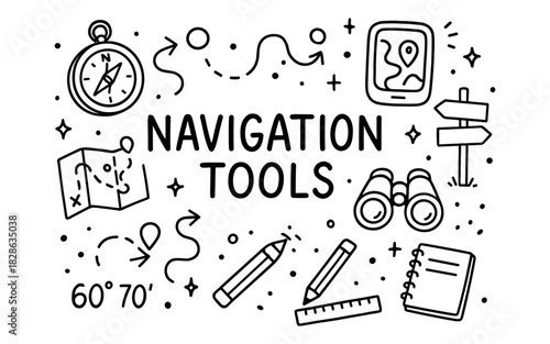 Hand drawn navigation tools with compass, map, and directions icons