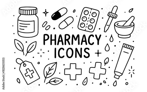 Hand drawn pharmacy icons with medicinal supplies and herb elements
