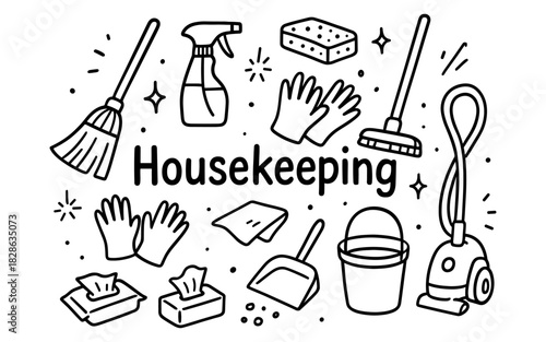 Monochrome housekeeping essentials with doodle style for cleaning concepts