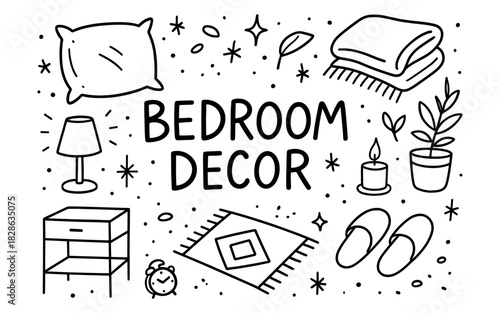 Cozy bedroom essentials doodle featuring pillow, blanket, and nightstand