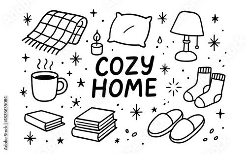 Cozy home essentials in black and white doodle style featuring pillows, books, and slippers