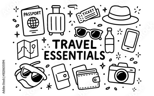Minimalist travel essentials icons featuring luggage, passport, and gadgets