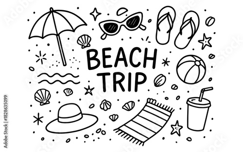 Doodle style beach trip: sun hat, umbrella, sandals, beach ball, seashells, sunglasses, drink