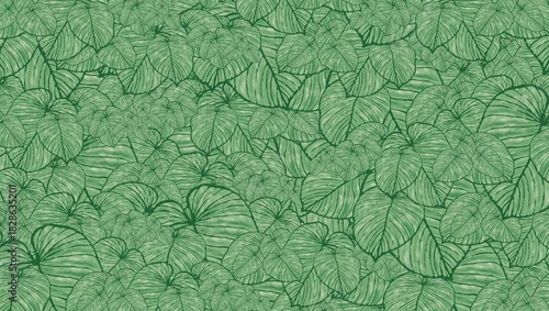 A dense arrangement of green leaves overlapping to create a textured and patterned background image