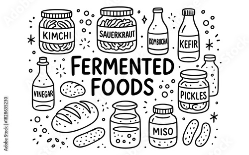 Doodle set of fermented foods including kimchi, sauerkraut, kombucha, kefir, and miso