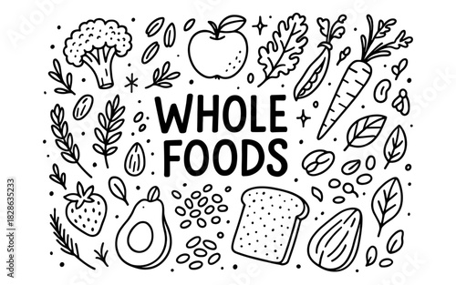 Doodle design of whole foods with vegetables and fruits