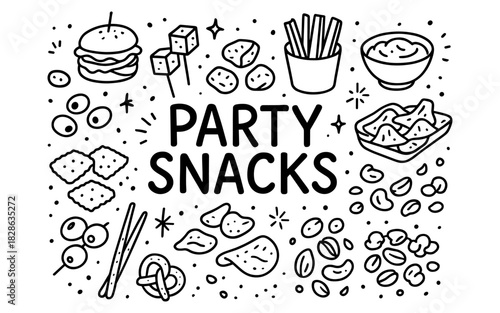 Delicious party snacks in doodle art style with fries, nachos, and sliders
