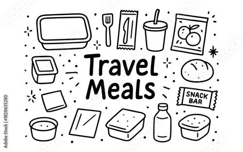 Hand-drawn travel meal doodles: food, drinks, and snacks for journeys