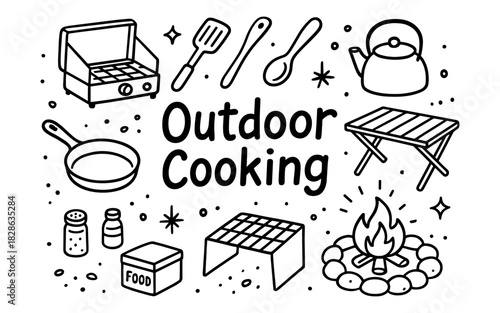 Hand drawn outdoor cooking tools and campfire essentials