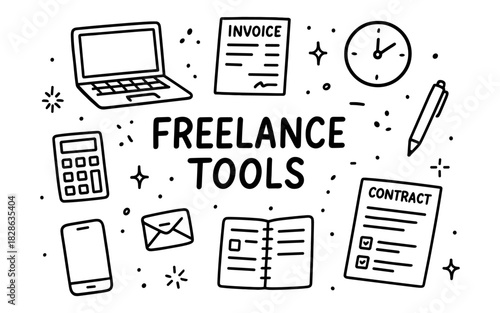 Essential tools for freelancers: laptop, contracts, and more in doodle style