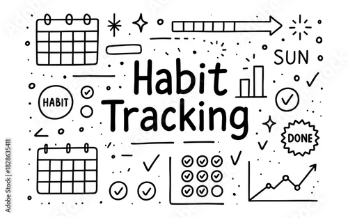 Habit tracking concepts in black and white doodle style with icons and charts