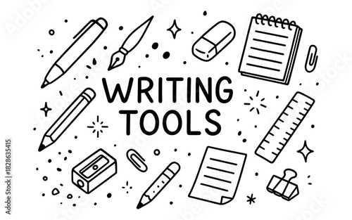 Black and white doodle of office supplies with writing tools