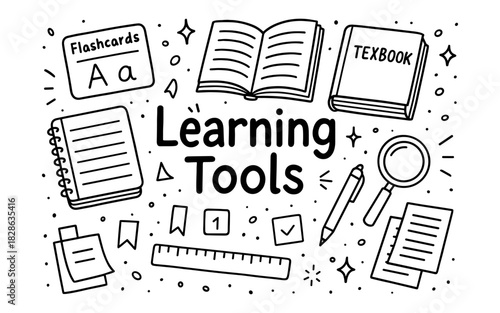 Doodle learning tools featuring books, flashcards, and stationery in black and white