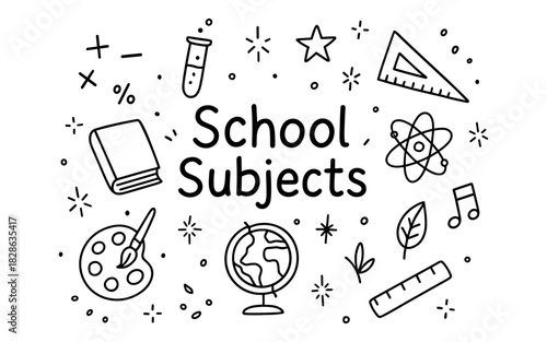 Black and white doodle illustrations of school subjects with educational icons
