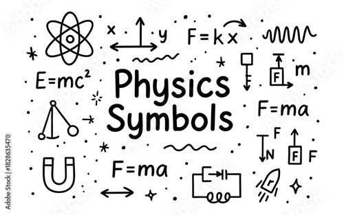 Physics symbols and formulas in hand-drawn doodle style