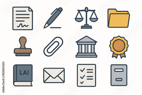 Archive pen checklist icon set seal envelope legal book vector courthouse building