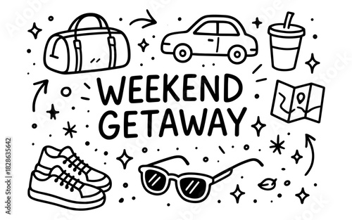 Weekend getaway doodle with travel icons and fun elements in black and white