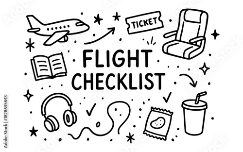 Essential air travel doodle checklist with plane and headphones