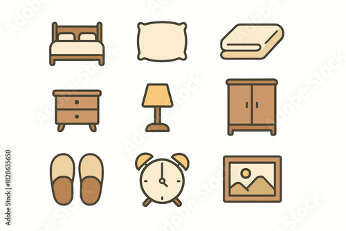Slippers pillow set lamp icon curtain vector bedroom alarm nightstand mirror clock