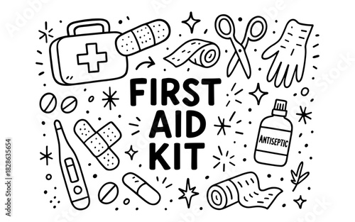 Doodle style first aid kit with medical supplies icons