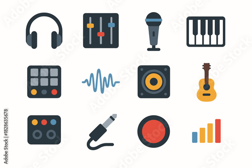 Equalizer studio headphones button keyboard piano drum sound music cable icon vector