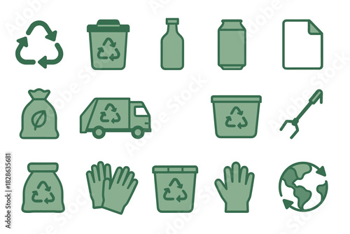 Bag set earth icons can glass picker aluminum recycling vector eco icon