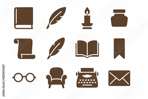 Minimalist icons vector inkpot icon scroll open literature bookmark letter chair quill