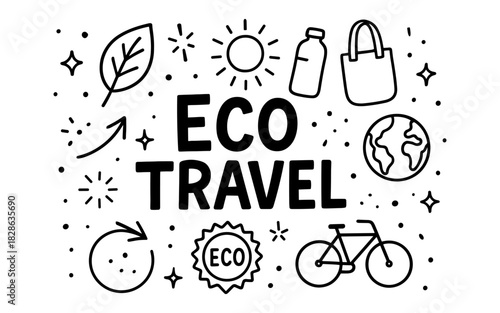 Eco travel icons: sustainable journey with nature, bicycle, and zero waste symbols