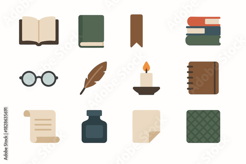 Book texture open scroll icon books reading bottle pen quill vector minimal