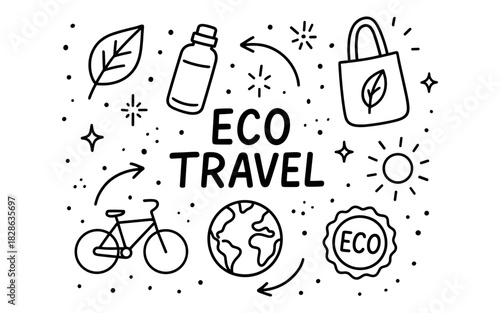 Eco travel essentials: sustainable journey icons in simple black and white line art