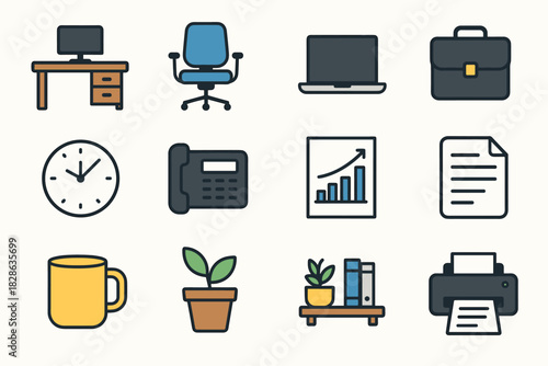 Graph laptop icon chair phone vector shelf life printer briefcase corporate icons