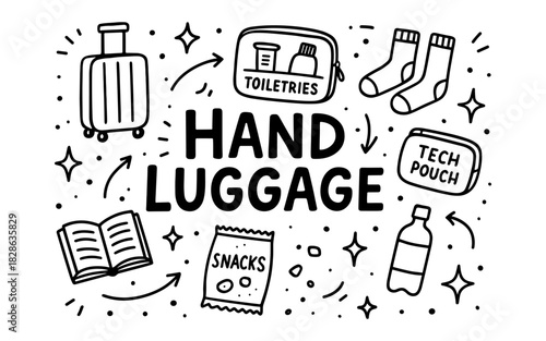 Hand luggage essentials: travel icons in modern doodle style