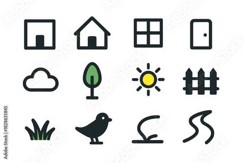 Icon house door square sun icons vector tree grass chimney minimalist fence