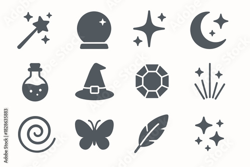 Star gem ball icon potion wand sparkle magic vector crystal butterfly stars