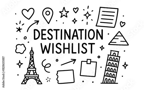 Travel icons and destination wishlist with eiffel tower and pyramid in linear style