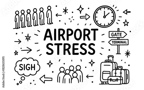 Airport stress doodle with travel icons and anxiety elements in black and white