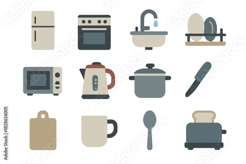 Sink kitchen spoon pot mug set vector icon dish cutting knife kettle