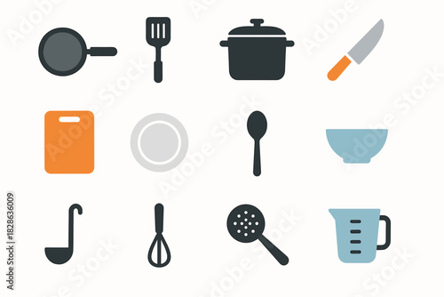 Kitchen tool vector icon pot measuring pan board bowl plate icons cutting